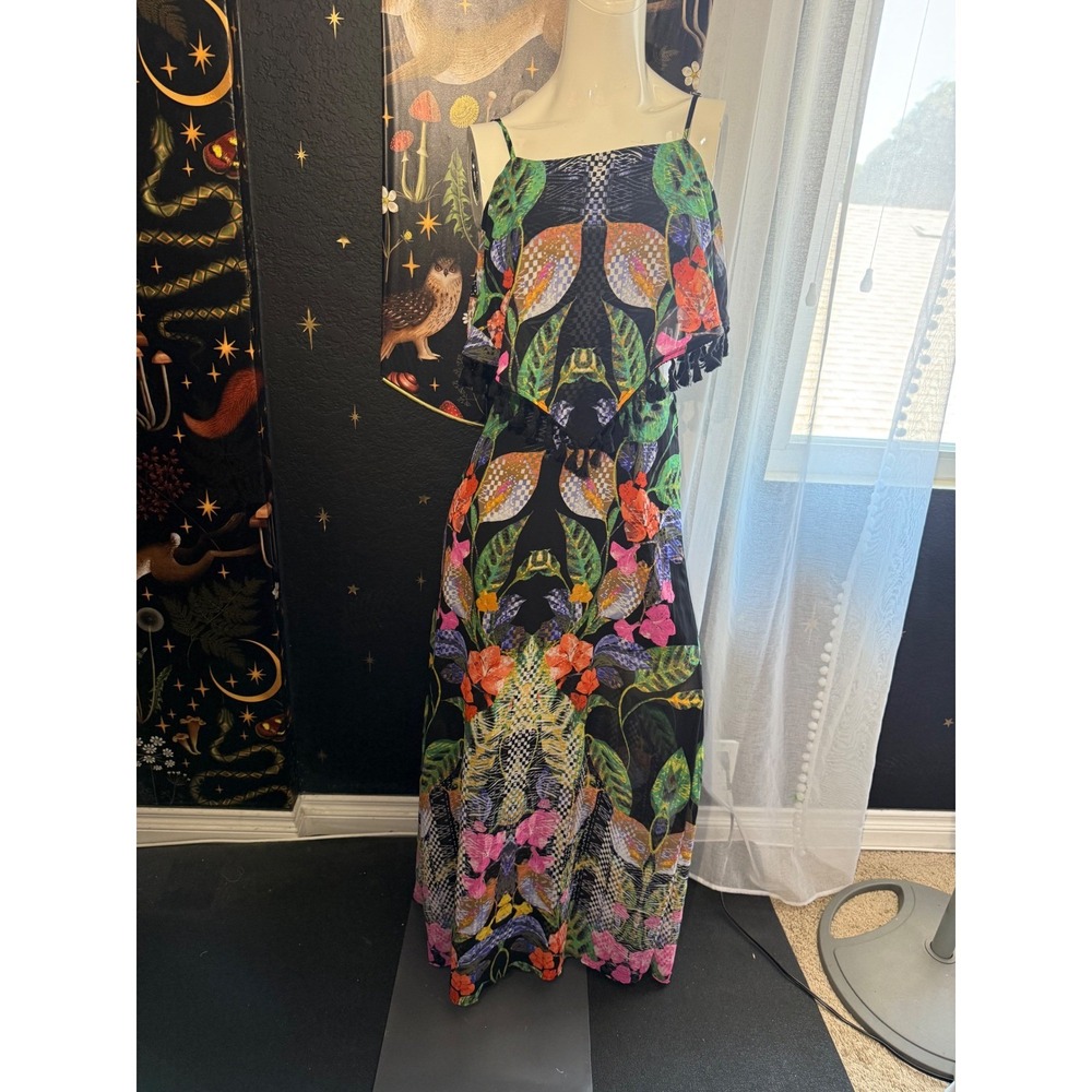 My Michelle Tropical Floral Maxi Dress Black Multi Tassel Trim Ruffle Size M